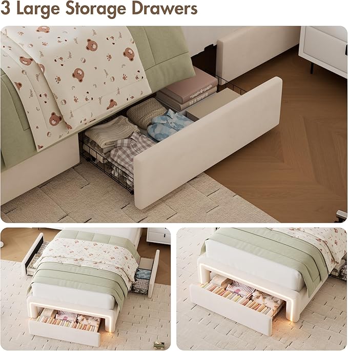 Twin LED Bed Frame with Storage Headboard & Charging Station, Velvet Fabric Platform Bed Frames with 3 Drawers, Button Tufted Upholstered, No Box Spring Needed, Beige
