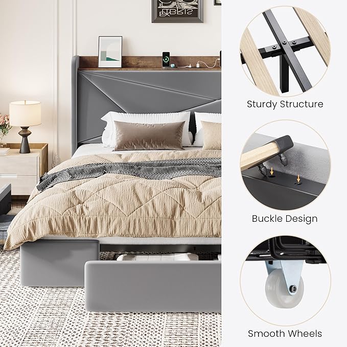 SHA CERLIN King Size Bed Frame with 3 Drawers, USB & Type-C Charging Ports, Velvet Upholstered Platform Bed with Modern Geometric Wingback Storage Headboard, No Box Spring Needed, Easy Assembly, Grey
