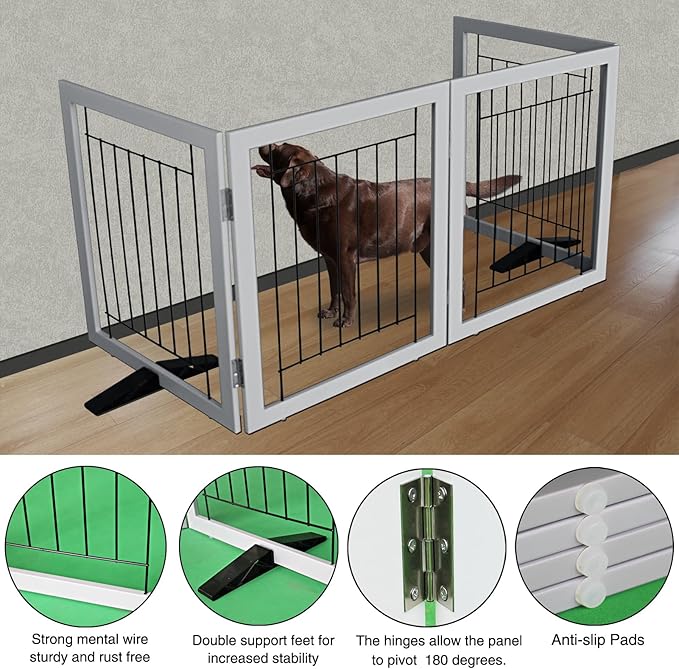 ZJSF Freestanding Dog Gate Indoor, Foldable Dog Fence for Doorways,Hallways or Stairs, Sturdy Wood Extra Wide Pet Gate with Support Feet,Grey,24 "Height-4 Panels