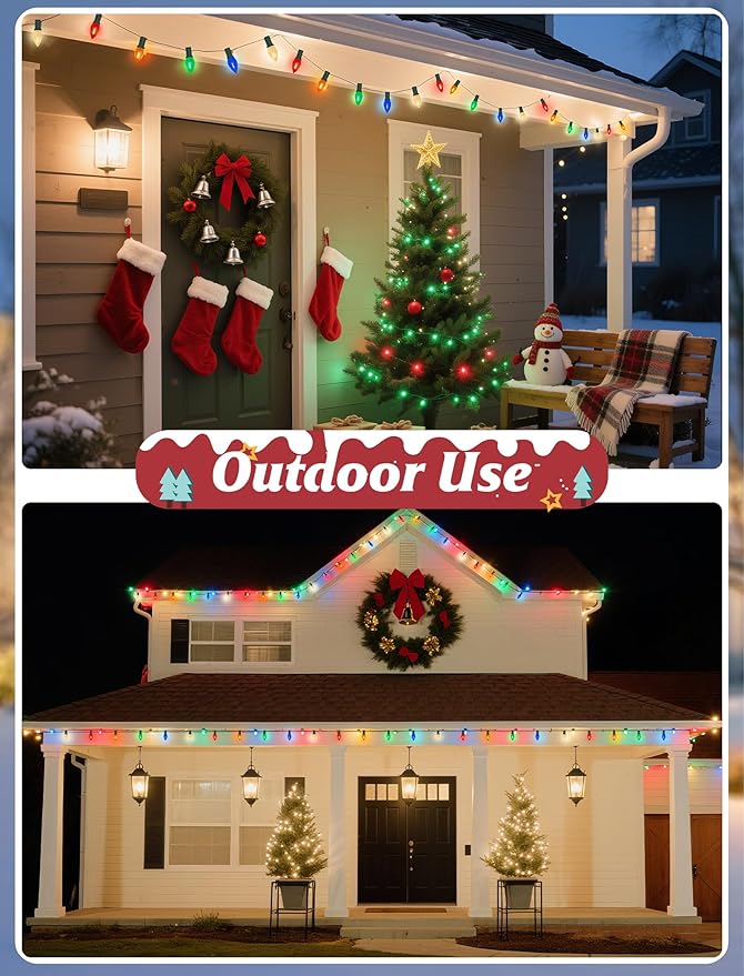 C7 LED Christmas Lights Outdoor,25FT Multicolor C7 Christmas Light with 27 0.6w Diamond Bulb Fit E12 Base,Xmas Lights Outdoor for House, Yard, Garden, Christmas Tree Decoration, Green Wire