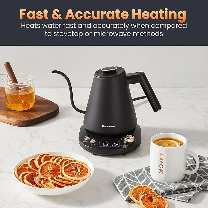 Elite Gourmet EKT3001 1L Digital Water Kettle, 304 Stainless Steel Interior, Programmed Temperatures, Keep Warm Function, Cordless, 360° Base, Auto Off & Audible Indicator, Matte Black