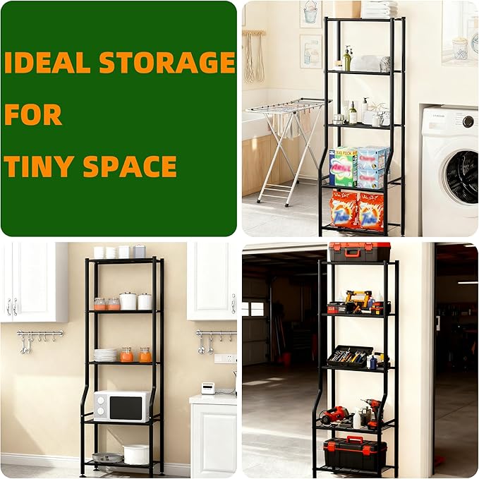 5-Tier Narrow Storage Shelves, 500LBS Total Capacity Metal Wire Rack with Leveling Feet, Rust-Resistant Organizer for Small Space, Kitchen, Bathroom, Garage, Pantry, Laundry Room, Black