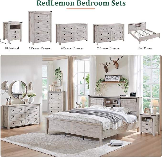 RedLemon Farmhouse King Size Bed Frame with Bookcase Headboard, Sliding Barn Door, Storage Cabinet, Charging Station, Wood Slats Support, No Box Spring Needed, Antique Brush White