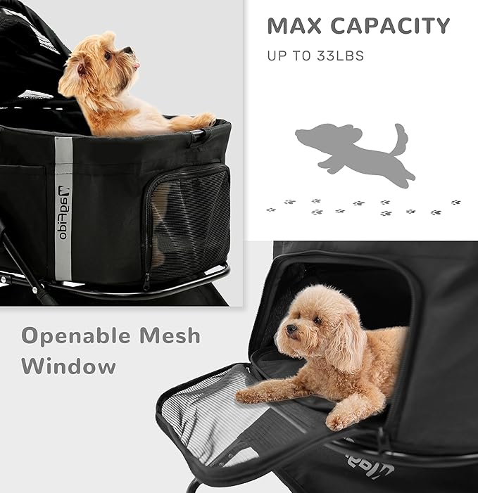 Pet Stroller,4 Wheels 3in1 Multifunctiona Dog Stroller with Brake,33lb Weight Capacity,Lightweight Portable One-Click Folding,Storage Basket Cup Holder,for Dogs/Cats Travel,Black