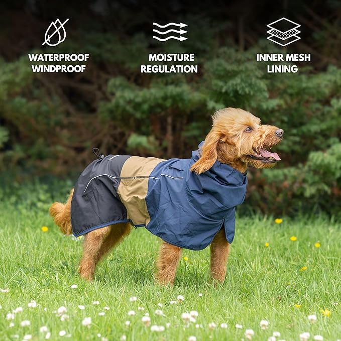 Spark Paws Dog Raincoat, Waterproof Windproof Rain Jacket, for Small Medium Large Extra Large Dogs, Reflective Breathable Full-Body Coverage Dry Suit - Blue Gold Black - 4XL