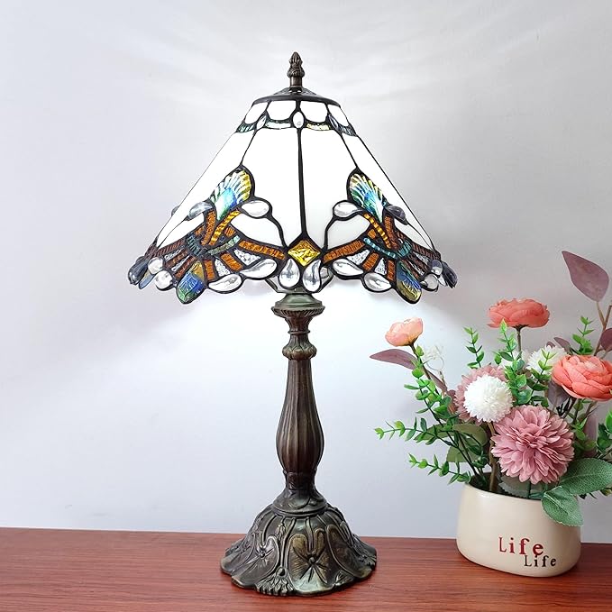 Tiffany Lamp White Baroque Style Stained Glass Lamp 12X12X19 inch Vintage Bedroom Table lamp 3-Way Tiffany Style Reading Desk Light for Home Living Room Office Include Light Bulb