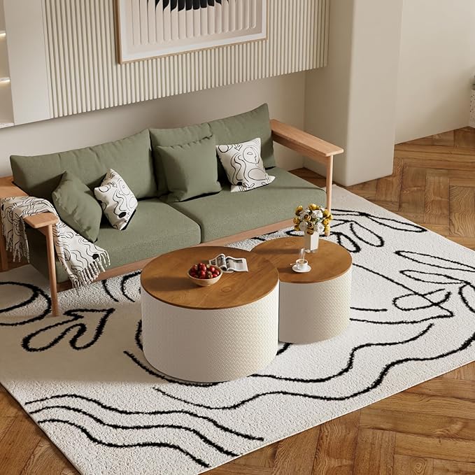 Round Nesting Coffee Table Set of 2, Round Fluted Coffee Tables with Storage for Living Room Leather Veneer Modern Nesting End Side Tables for Small Spaces (A Storage White)