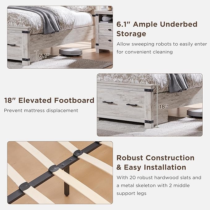RedLemon Farmhouse Queen Size Bed Frame w/ 54" Tall Geometric Headboard, Rustic Wood Platform Bed w/ 2 Large Storage Drawers, Wood Slats Support, Noise Free, No Box Spring Needed, Antique Brush White