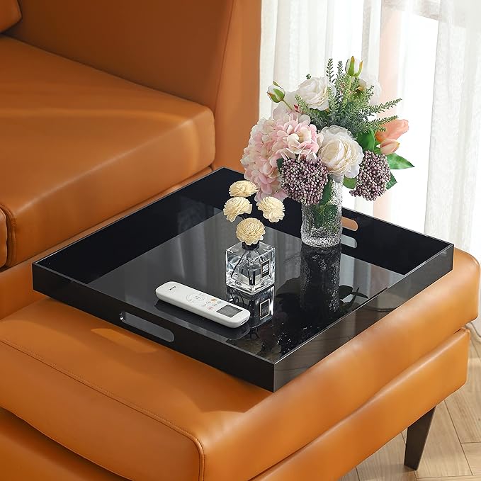 Black King Size Large Acrylic Serving Tray for bed-24x24 Inch -Spill Proof- Decorative Trays Countertop Organizer for Ottoman,Nightstand, Sidetable, Butler (24X24 Inch, Black)