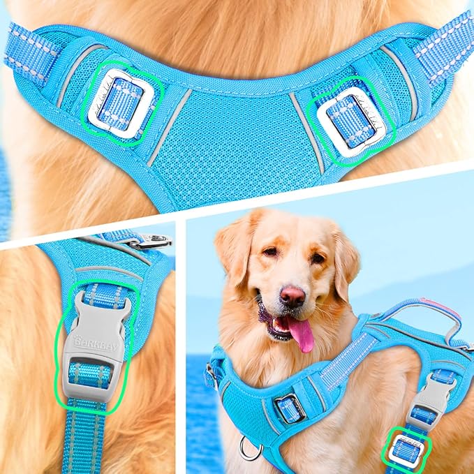 BARKBAY No Pull Dog Harness Large Reflective Dog Harness with Front Clip and Easy Control Handle for Walking Training Running with ID tag Pocket(Blue,S)