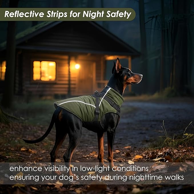 ASENKU Reflective Dog Coat with Built-in Harness, Windproof Fleece-Lined Dog Jacket for Small, Medium, Large Dogs, Warm Winter Vest with Turtleneck & Zipper (Green M)