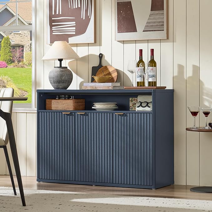 LEYAOYAO Fluted Buffet Cabinet with Storage, 45" Wide Wood Sideboard Credenza with 3 Doors & Open Storage Shelf, Modern Kitchen Console Accent Cabinets, Coffee Bar Table for Dining Room, Dark Blue