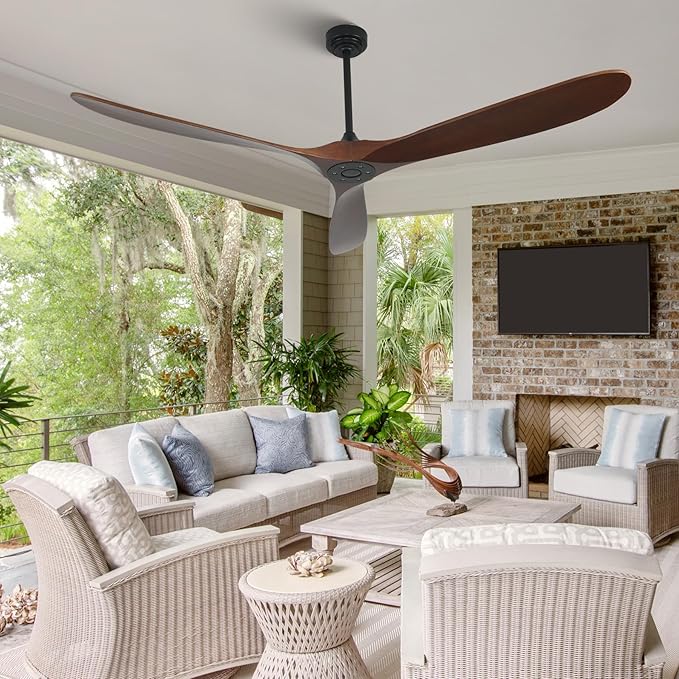 Ceiling Fan Without Light, 72 Inch Smart Wood Ceiling Fan no Lights, Compatible with Alexa/Google, 3 Natural Walnut Blades, Remote, Quiet Reversible DC Motor for Indoor Outdoor