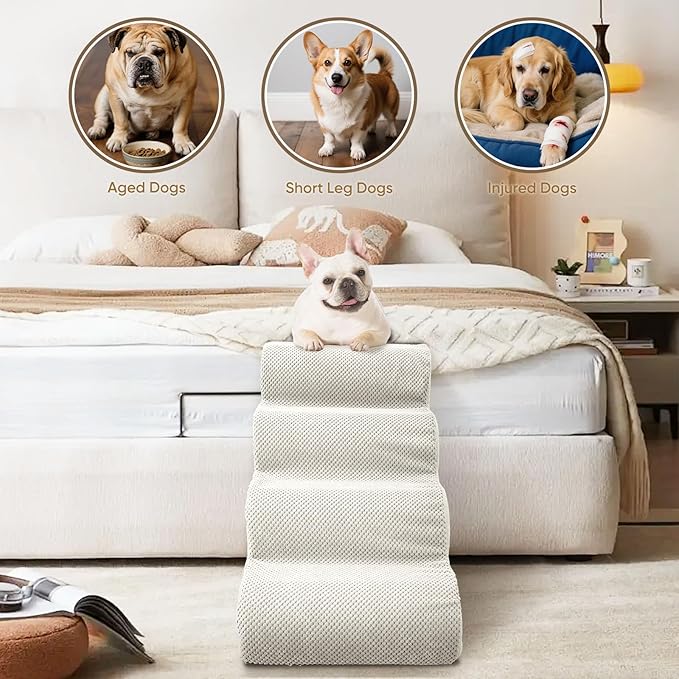 PAWSCART Dog Stairs for Small Pets, 11.8" H with 30D Material Soft Foam, Portable Ramp Non-Slip Surface Non-Slip for Couch and High Bed Climbing, 2-Step Stairs for Cat or Dog, Beige