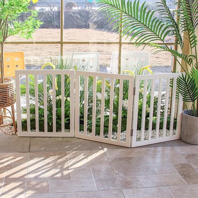 ZJSF Freestanding Indoor Dog Gate for House Foldable Wood White Puppy Gate for Doorways Pet Gate for Stairs Extra Wide Pet Fence 24" Height 3 Panels