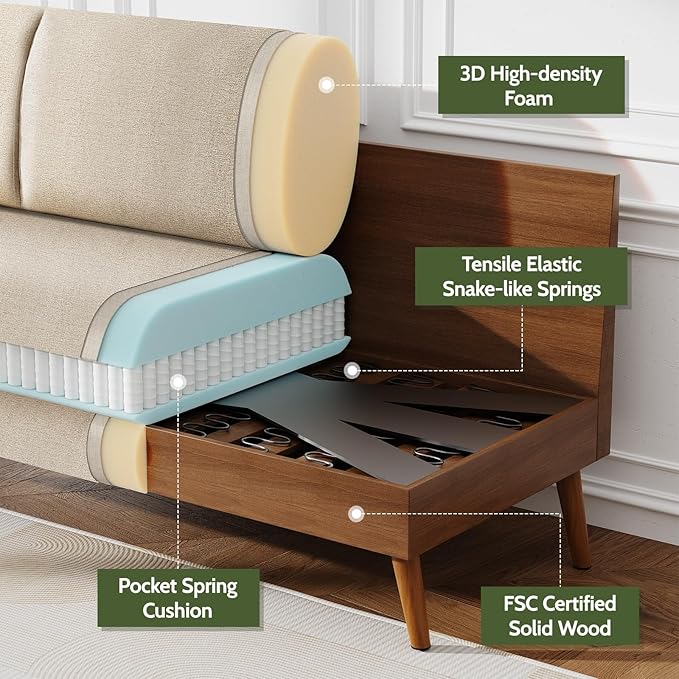 WEUP 68" Loveseat Sofa Oatmeal Linen Couch, Mid Century Modern Love Seat Couches for Living Room, Small Loveseat for Bedroom Office, Comfy Sofa with Spring Cushion, Solid Wood, Tool-Free Assembly