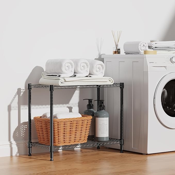 IZEUK 2 Tier Adjustable Metal Storage Shelving Unit, Heavy Duty Wire Rack Organizer for Kitchen, Living Room or Office, 220 lbs Capacity, 27.6 W x 11.8 D x 23.4 H, Black