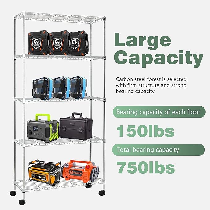 BestOffice | 5-Tier Wire Storage Shelves with Wheels | 14x30x60 | Chrome | Adjustable Racks | Heavy-Duty Metal Shelf, Holds Upto 220 lbs | No-Tool Assembly | Ideal for Home & Garage Shelving