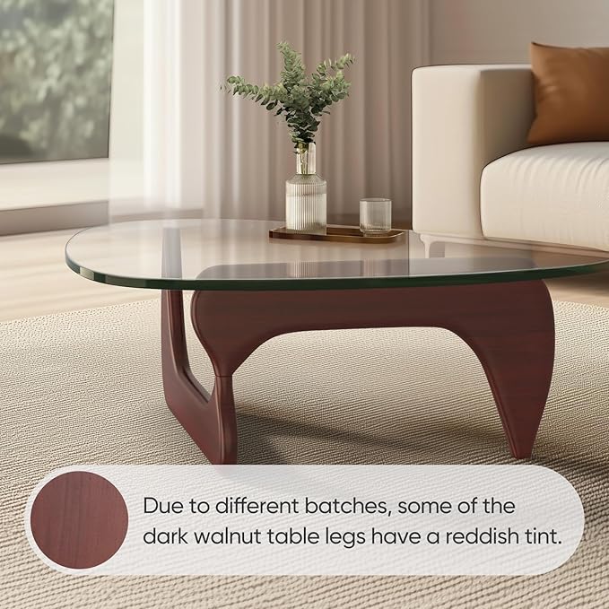 Mid Century Coffee Table Triangle Glass Coffee Table with Solid Wood Base and Thick Clear Glass Top Modern End Table for Living Room, Patio, Office, Dark Walnut