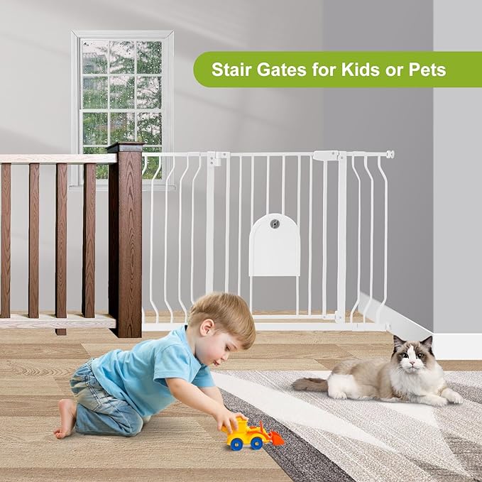 Baby Gates with Cat Door - Auto Close 29.5"-48.4" Safety Metal Dog Pet Gate for Doorway, Stairs, House, Walk Through Child Gate with Pet Door, includes 4 Wall Cups and 2 Extension Pieces