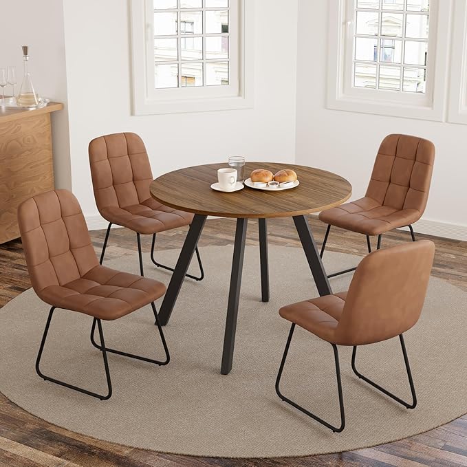 34.6'' Round Dining Table and Chairs for 4 Space Saving for Apartment Kitchen Dining Room (Walnut Table+4 U-Shaped Brown Chairs)