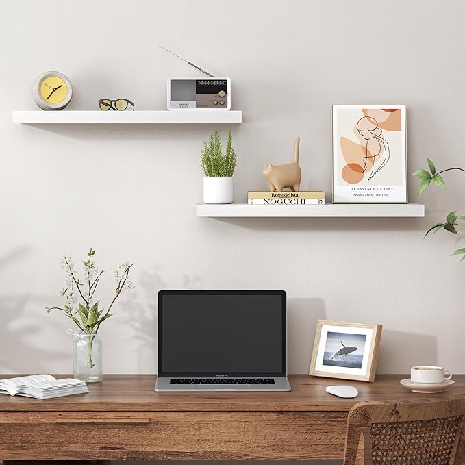 Heimlove 24 Inch Floating Shelves for Wall,Mounted Storage Wood Shelves with Invisible Brackets Hanging Shelf for Bedroom,Living Room,Kitchen,Office,Set of 2,White