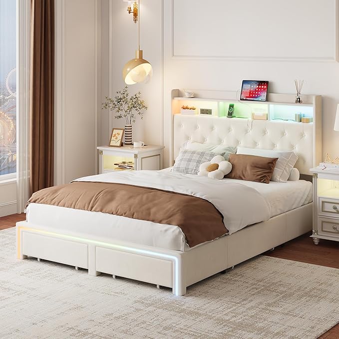 King LED Bed Frame with Storage Headboard & Charging Station, Velvet Fabric Platform Bed Frames with 4 Drawers, Button Tufted Upholstered, No Box Spring Needed, Beige
