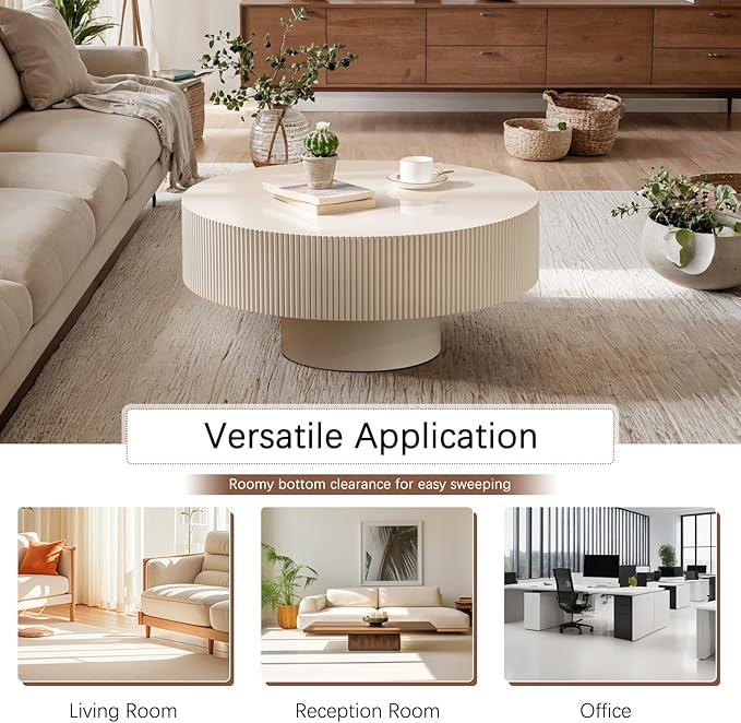 Fluted Coffee Tables 30.91" Round Wood Coffee Table Modern Handcraft Drum Coffee Table with Sturdy Pedestal Circle Luxury Center Tables for Living Room Home Office,White Thickened