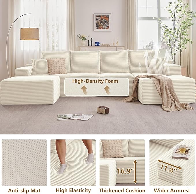 135" U-Shape Cloud Couch, Modern Modular Sectional Comfy L-Shape Sofa with Ottoman, Deep Seat, Upholstered Corduroy Sleeper Chaise Longue for Living Room Bedroom, No Assembly Required, White