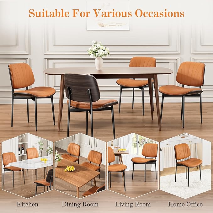 Dining Chairs Set of 8, Mid-Century Modern Upholstered PU Leather Chairs with Walnut Back and Metal Legs Adjustable Feet for Kitchen Dining Room, Orange Shell Strips