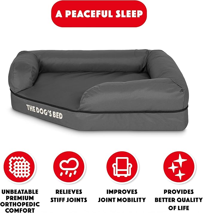 The Dog’s Bed Memory Foam Waterproof Corner Dog Bed, Medium, Grey & Black Trim, Eases Arthritis & Hip Dysplasia Pain, Therapeutic & Supportive, Washable Oxford Fabric Cover