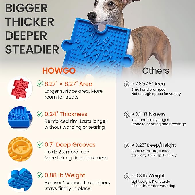 HowGo Puzzle Slow Feeder Lick Mat for Dogs, 38+ Suction Cups|Non-Slip Heavy Duty Maze Enrichment Bowl BPA-Free Silicone|Reduce Boredom Anxiety Free Combination (3PCs, Blue&Yellow&Red)