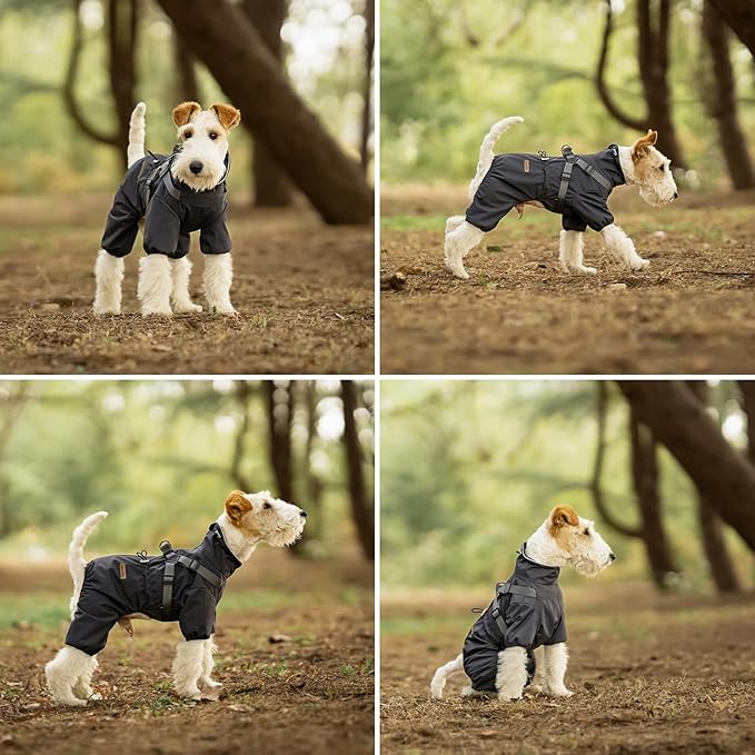 Dog Raincoat with Harness for Small and Medium Dogs, Adjustable Waterproof Dog Rain Jacket,Reflective Rainproof Puppy 4 Legs Raincoat-Grey,M