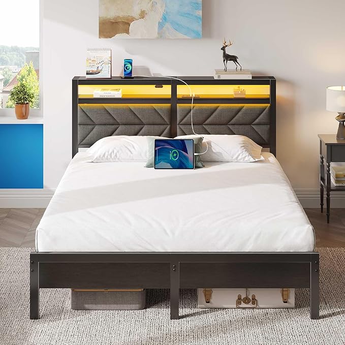 Seventable Bed Frame Queen Size with Charging Station, LED Bed with Upholstered Storage Headboard, Metal Platform Bed with Under Bed Storage, No Box Spring Needed, Noise Free, Easy Assembly, Grey