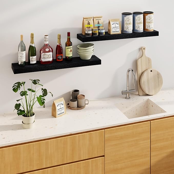 Fun Memories Floating Shelves for Wall, 36Inch Floating Shelves Set of 2, Hanging Shelf with Invisible Brackets, Bathroom Shelves for Living Room, Bedroom, Kitchen- Black