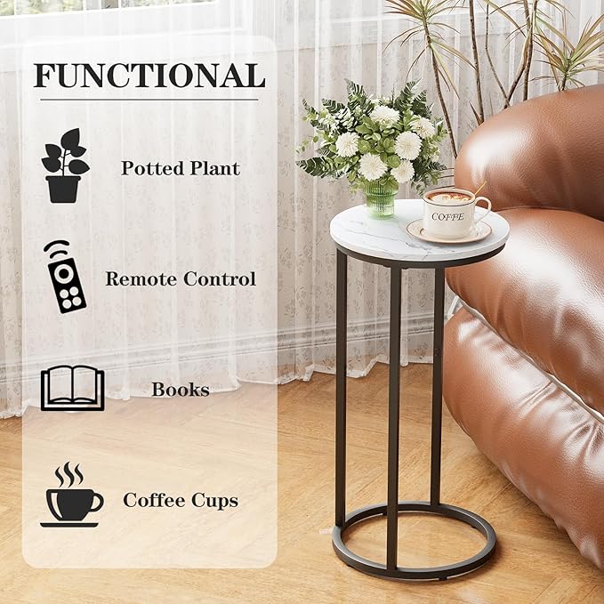C Shaped end Table,Wood Round Side Table for Couch,Small Sofa Table with Metal Frame for Bedroom,Living Room,Bedside,Black Color(11.81" D x 11.81" W x 23.62" H)