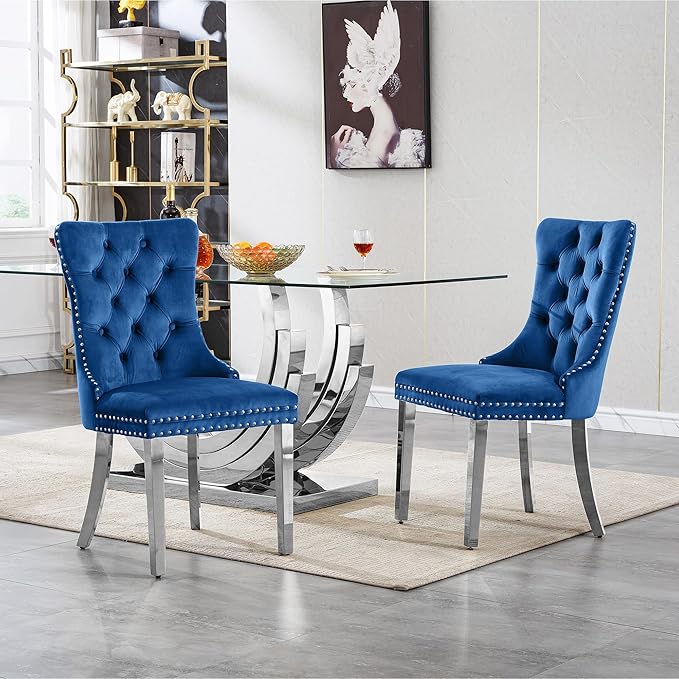 7 Piece Dining Table Set with 6 Blue Dining Chairs, Modern Glass Kitchen Table and Chairs Set for 6, 70" Rectangle Silver Glass Pedestal Dining Room Tables with Ring-Shape Stainless Steel Base