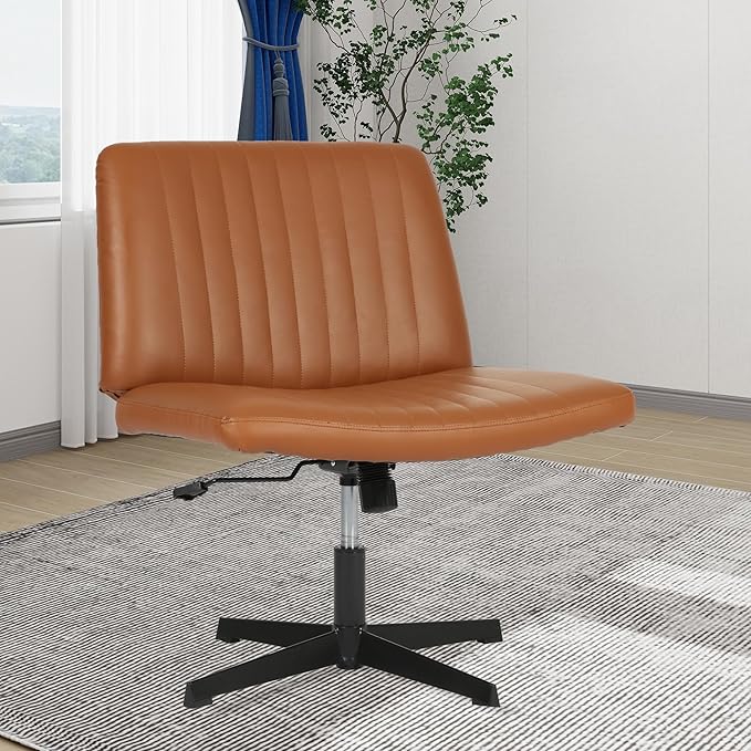 FDW Criss Cross Chair Armless Cross Legged Office Desk Chair Adjustable Swivel Ergonomic No Wheels Backrest with Wide Seat Native Sponge Computer Task Vanity for Home Office,Brown