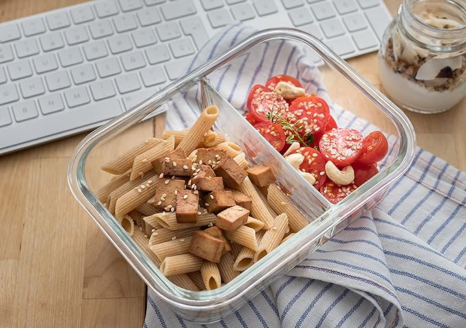 Moss and Stone Rectangular Borosilicate Glass Meal Food Containers - Prep Food Storage Containers Airtight - Snap Locking Lids – Microwave, Oven, Freezer, Dishwasher Safe – with 2 Compartment 2 Pack