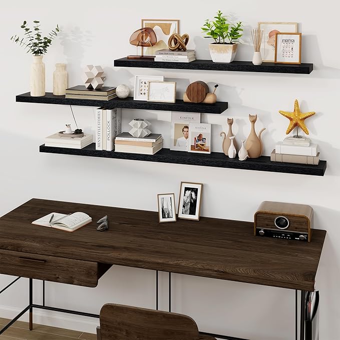 Fun Memories Floating Shelves for Wall, 48Inch Long Floating Shelves Set of 1, Hanging Shelf with Invisible Brackets, Wood Shelves for Living Room, Bedroom, Kitchen, Black