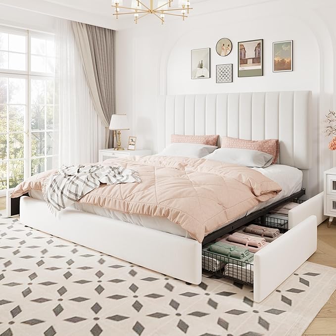 Allewie King Size Storage Bed Frame, Vertical Channel Tufted Adjustable Headboard, Velvet Upholstered Platform Bed with 4 Oversized Underbed Drawers, Wooden Slats Support, No Box Spring Needed, White