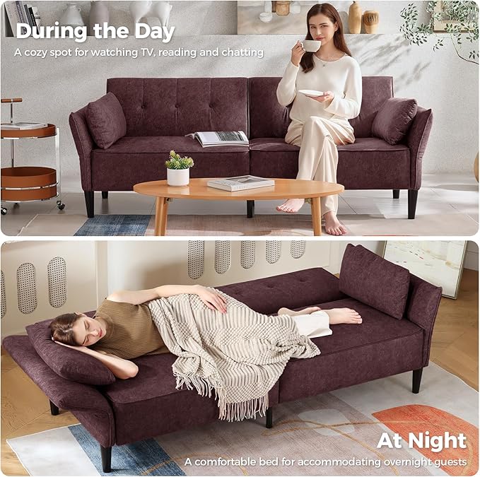 89” Futon Sofa Bed, Comfy Futon Couch Bed with 2 Square Pillows, Convertible Sleeper Sofa with Adjustable Backrest& Armrests, Modern Loveseat Sleeper for Living Room,Velvet Fabric Burgundy