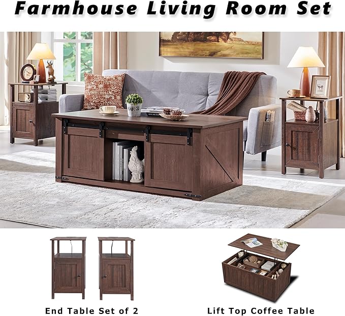 Farmhouse Nightstand Set of 2, End Table with Charging Station, Rustic Side Table w/Barn Door & Open Shelves, Bedside Table w/Storage Space and Storage Cabinet for Bedroom, Living Room (Brown)
