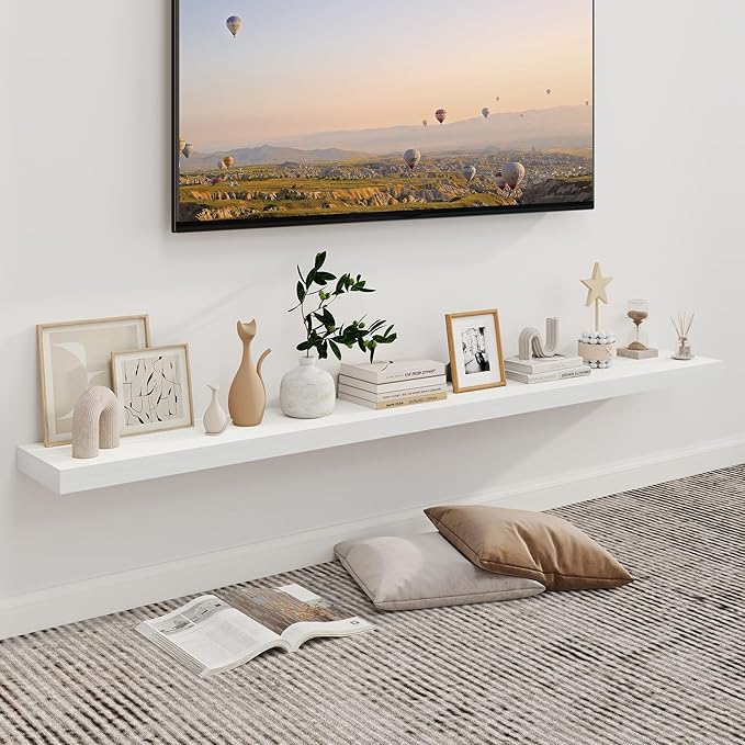 Fun Memories 66 Inch Fireplace Mantel - Long Floating Shelf, Wall Mounted Farmhouse Display with Invisible Heavy Duty Metal Bracket, White, 2 Pack