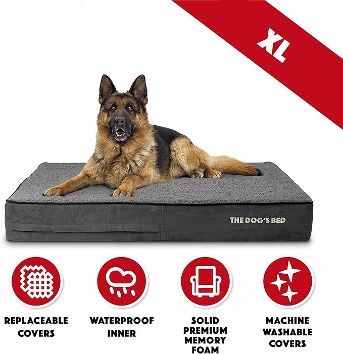 The Dog’s Bed Orthopedic Memory Foam Dog Bed, XL Grey Plush 46x28, Pain Relief for Arthritis, Hip & Elbow Dysplasia, Post Surgery, Lameness, Supportive, Calming, Waterproof Washable Cover