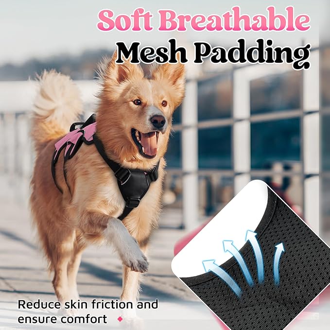 rabbitgoo Escape Proof Dog Harness Large Dogs, Soft Padded Full Body Pet Harness, Reflective Adjustable No Pull Vest with Lift Handle and Leash Clip for Walking Hiking Training, Light Pink, L