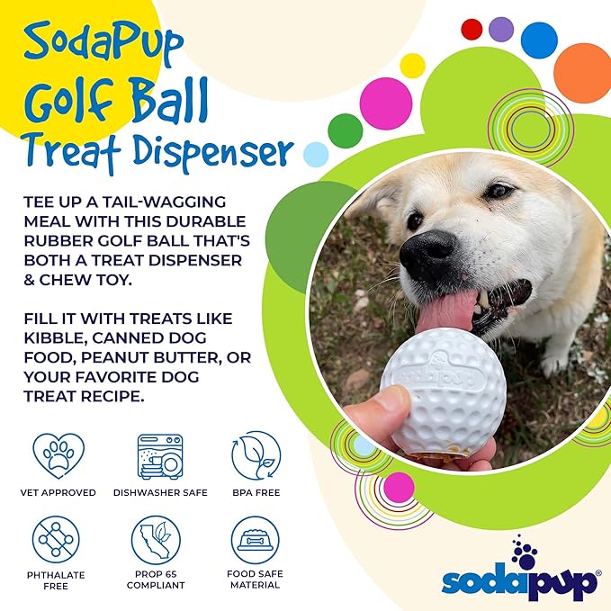 SodaPup Golf Ball – Durable Dog Treat Dispenser & Chew Toy Made in USA from Non-Toxic, Pet Safe, Food Safe Rubber Material for Mental Stimulation, Problem Chewing, Calming Nerves, & More