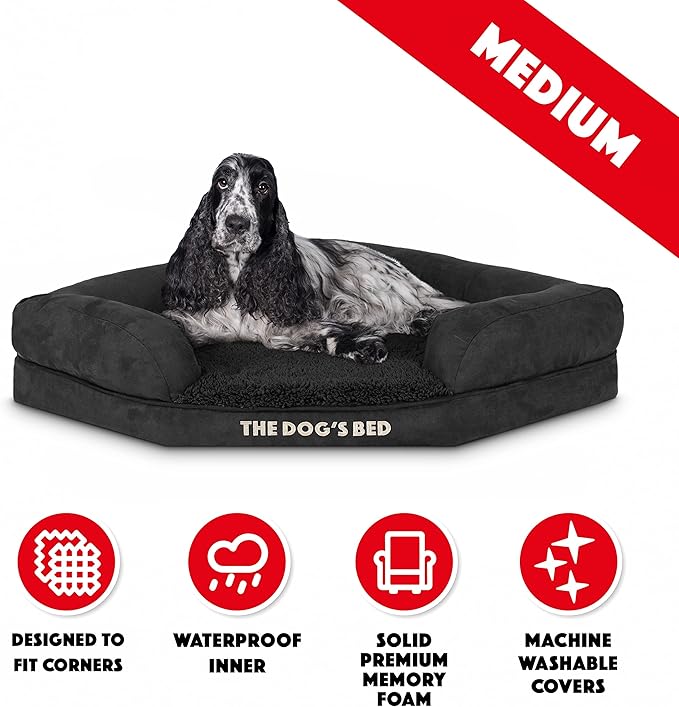 The Dog’s Bed Memory Foam Waterproof Corner Dog Bed, Medium, Black Plush, Eases Arthritis & Hip Dysplasia Pain, Therapeutic & Supportive, Washable Plush Fabric Cover