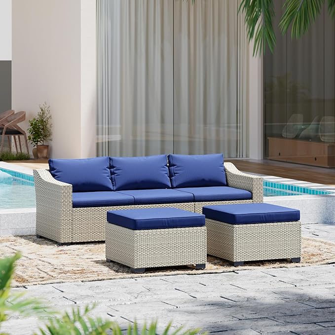 LHBcraft Patio Conversation Set Rattan Outdoor Sectional Furniture Sofa Set Wicker Couch with Coffee Table and Cushions for Poolside, Backyard (White-Blue, 5-PCS)