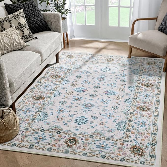 WILLSUN Washable Area Rugs, 4x6 Non-Slip Boho Large Area Rugs for Living Room, Bedroom, Machine Washable Vintage Rug, Indoor Floral Print Carpet for Home Decor, Kid & Pet Friendly Mat